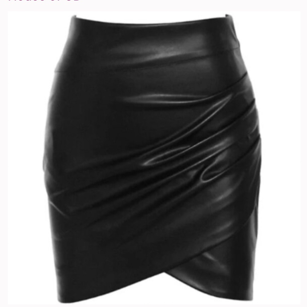 House of CB Vegan Leather Tulip Pleated Mini Skirt Black Womens Size Small EUC